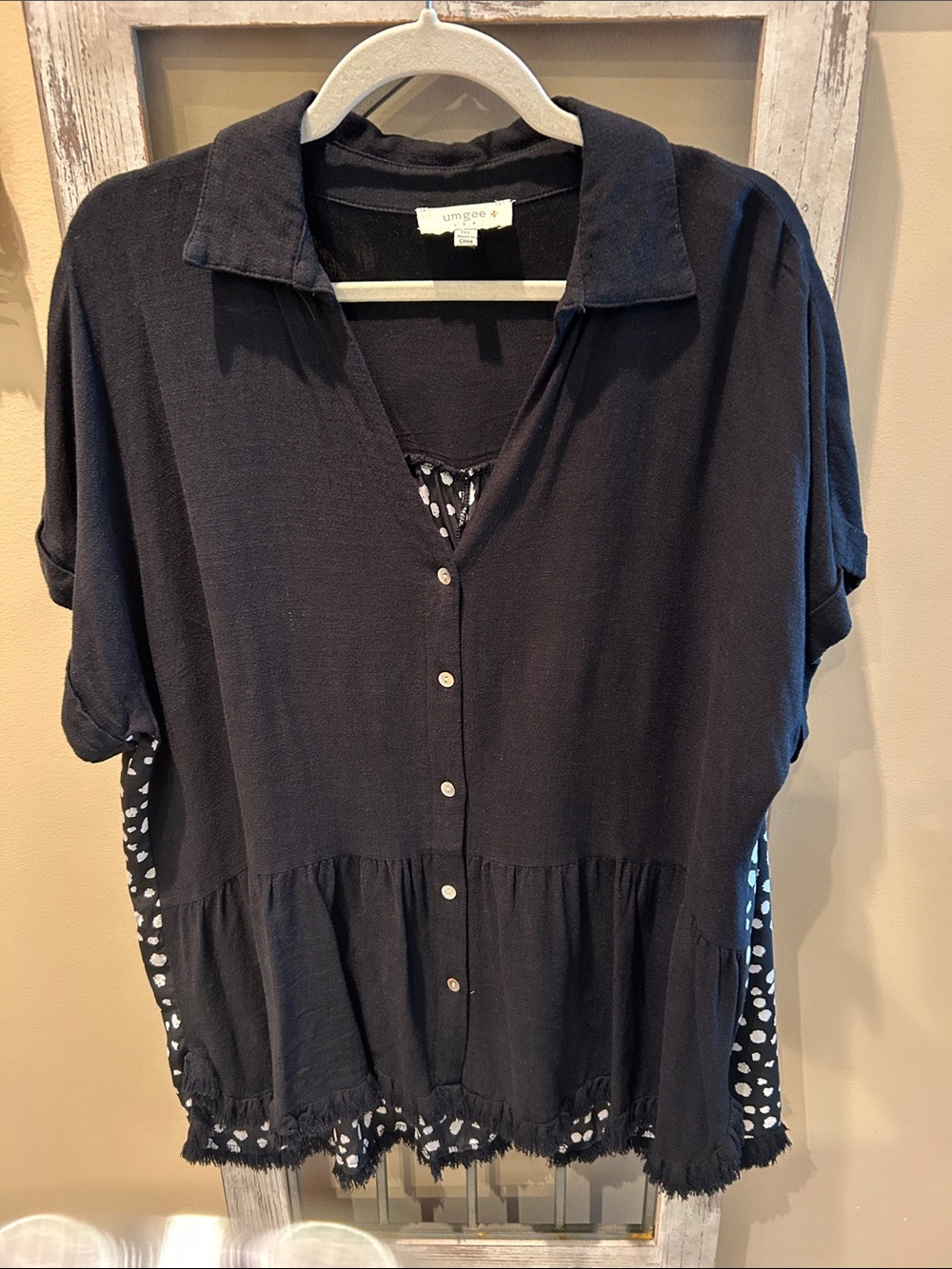 Umgee Black Button-Front Top with Dot Contrast